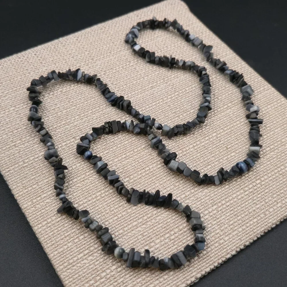 Slip On 17 Inch Dark Tones Shell And Cat's Eye Stones Necklace B992 - Picture 2 of 5